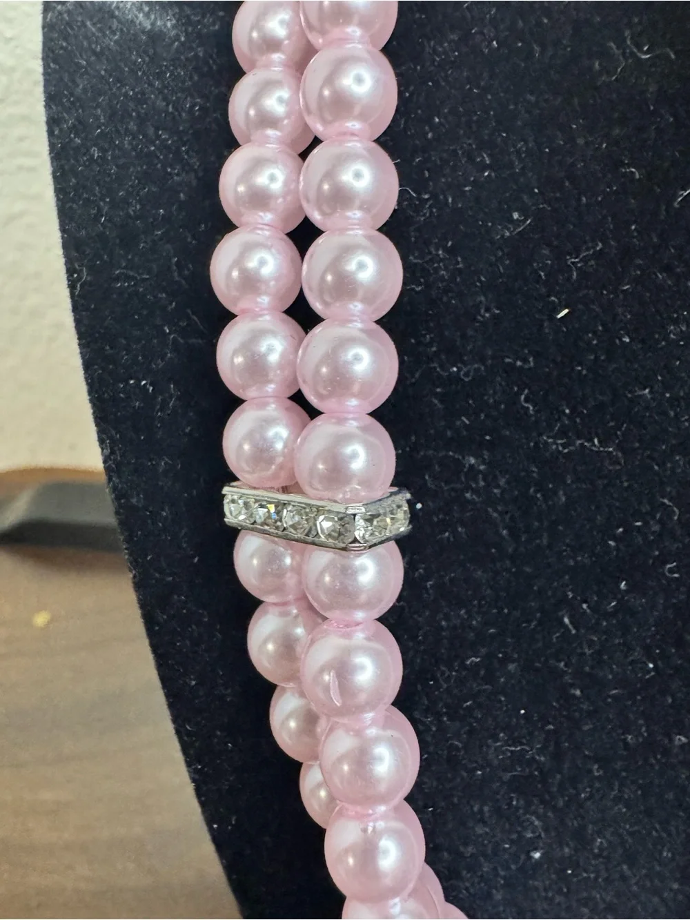 Double Strand Pink Pearl Necklace with Rhinestone Accents